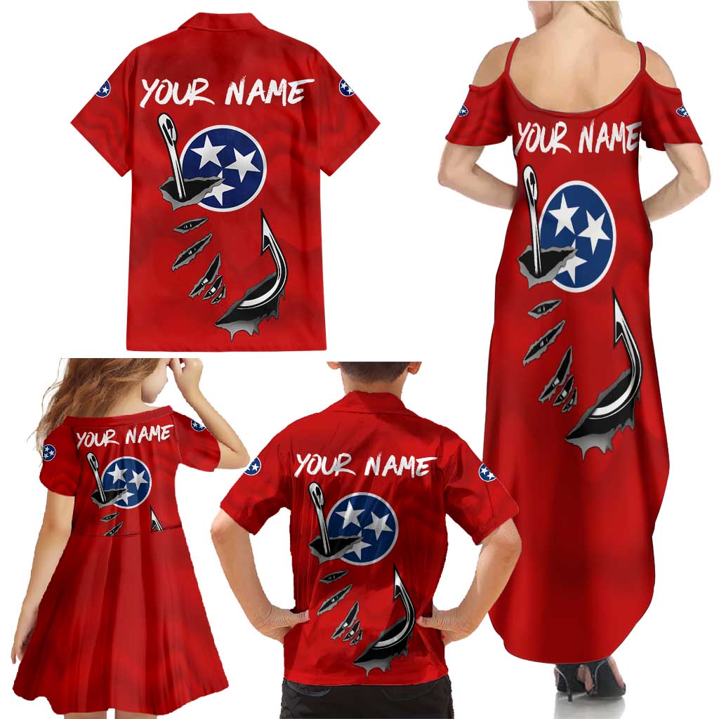 Tennessee Flag Fishing Family Matching Summer Maxi Dress and Hawaiian Shirt with Ripped Hook Graphic and Triple Star Symbol in Red and Blue - Wonder Print Shop