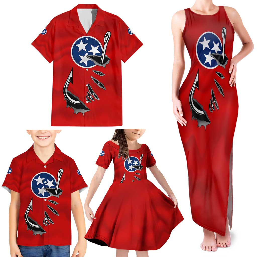 Tennessee Flag Fishing Family Matching Tank Maxi Dress and Hawaiian Shirt with Ripped Hook Graphic and Triple Star Symbol in Red and Blue - Wonder Print Shop