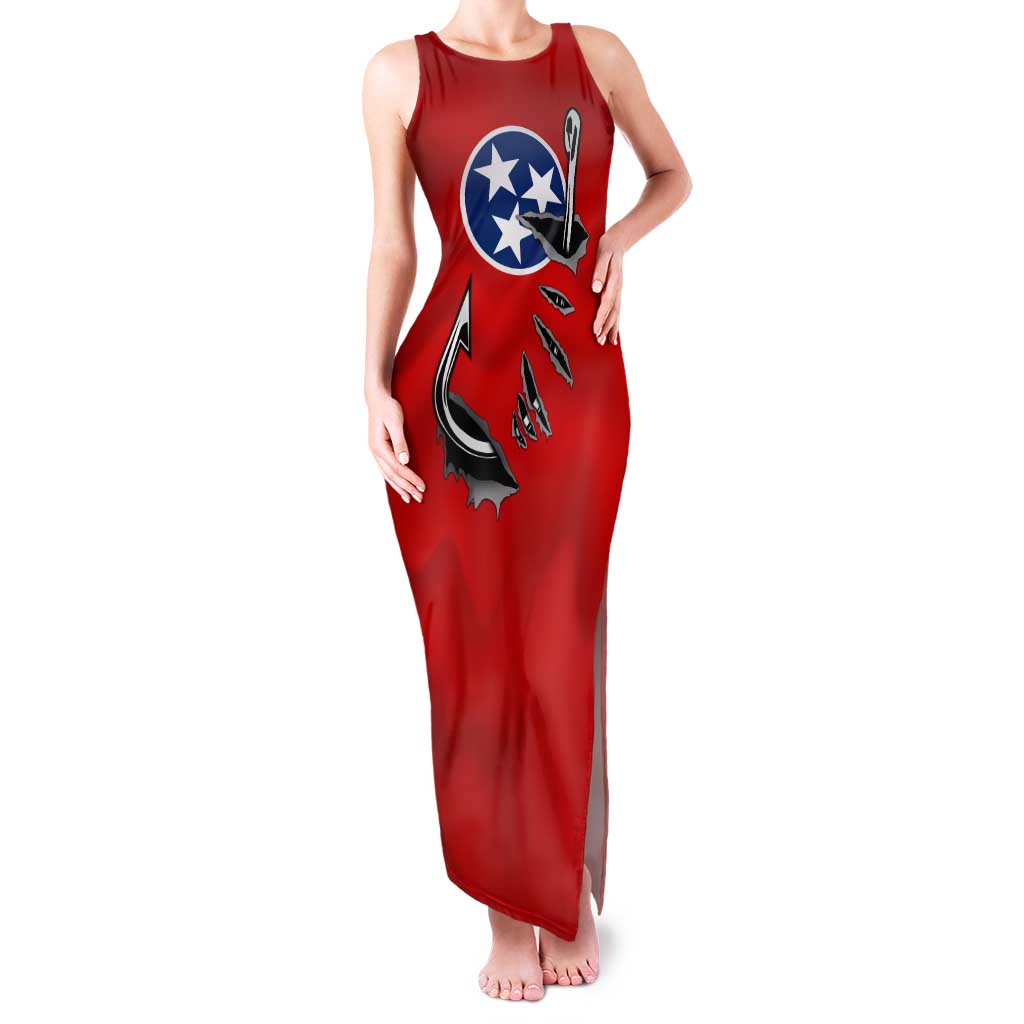 Tennessee Flag Fishing Family Matching Tank Maxi Dress and Hawaiian Shirt with Ripped Hook Graphic and Triple Star Symbol in Red and Blue - Wonder Print Shop