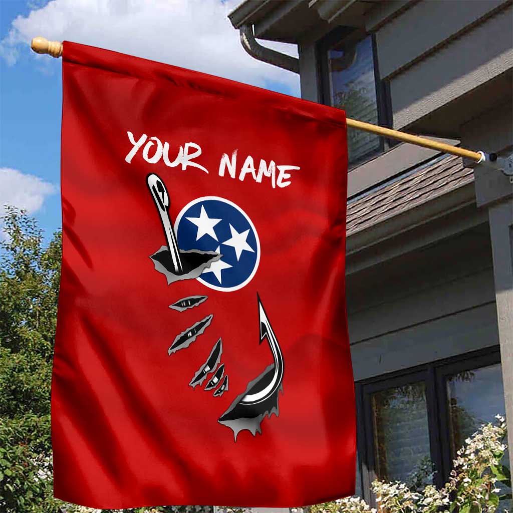 Tennessee Flag Fishing Garden Flag with Ripped Hook Graphic and Triple Star Symbol in Red and Blue - Wonder Print Shop