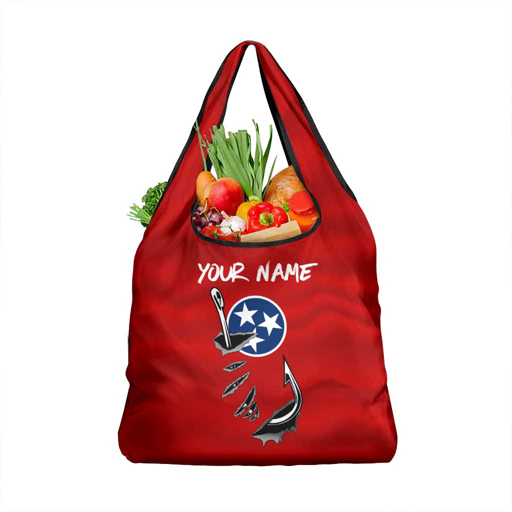 Tennessee Flag Fishing Grocery Bag with Ripped Hook Graphic and Triple Star Symbol in Red and Blue - Wonder Print Shop