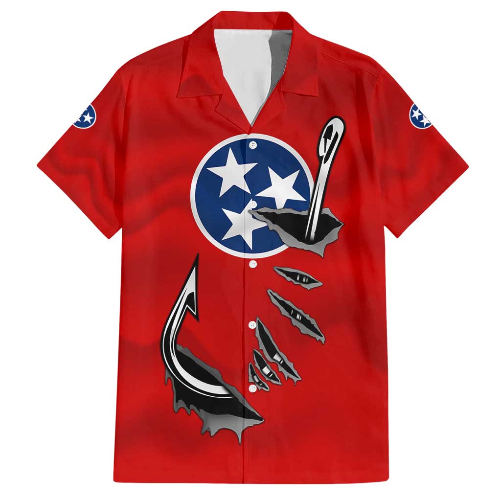 Tennessee Flag Fishing Hawaiian Shirt with Ripped Hook Graphic and Triple Star Symbol in Red and Blue - Wonder Print Shop