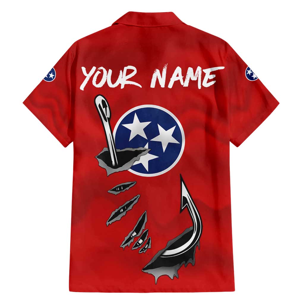 Tennessee Flag Fishing Hawaiian Shirt with Ripped Hook Graphic and Triple Star Symbol in Red and Blue - Wonder Print Shop