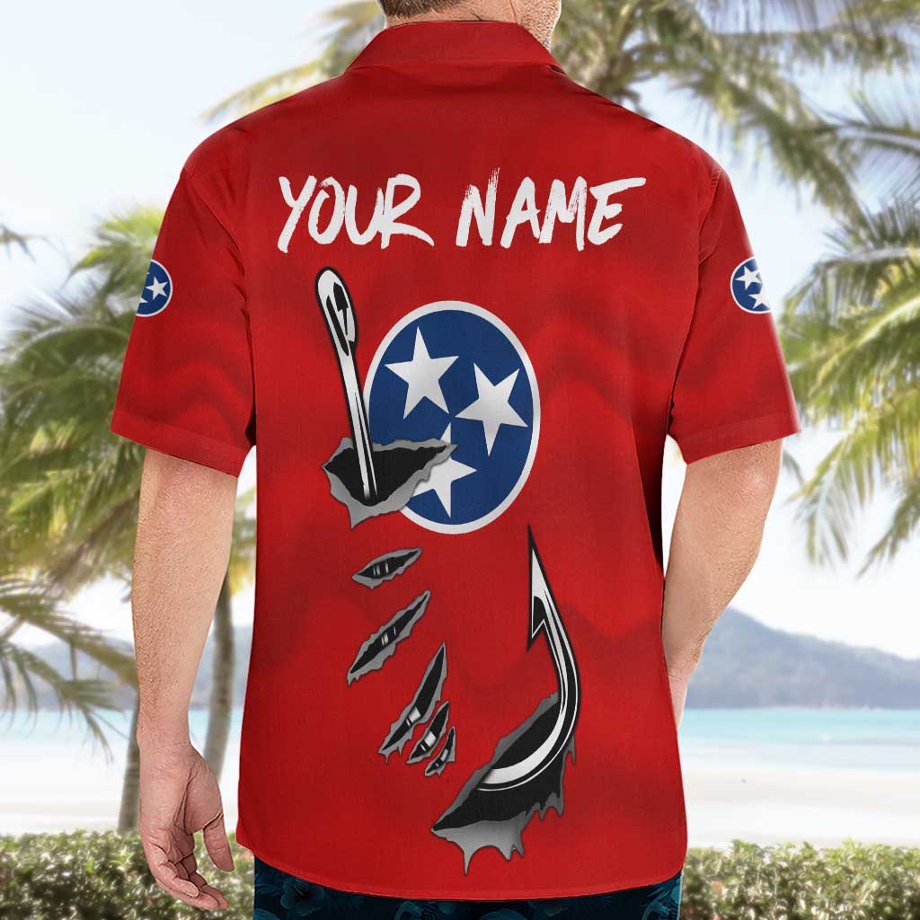 Tennessee Flag Fishing Hawaiian Shirt with Ripped Hook Graphic and Triple Star Symbol in Red and Blue - Wonder Print Shop