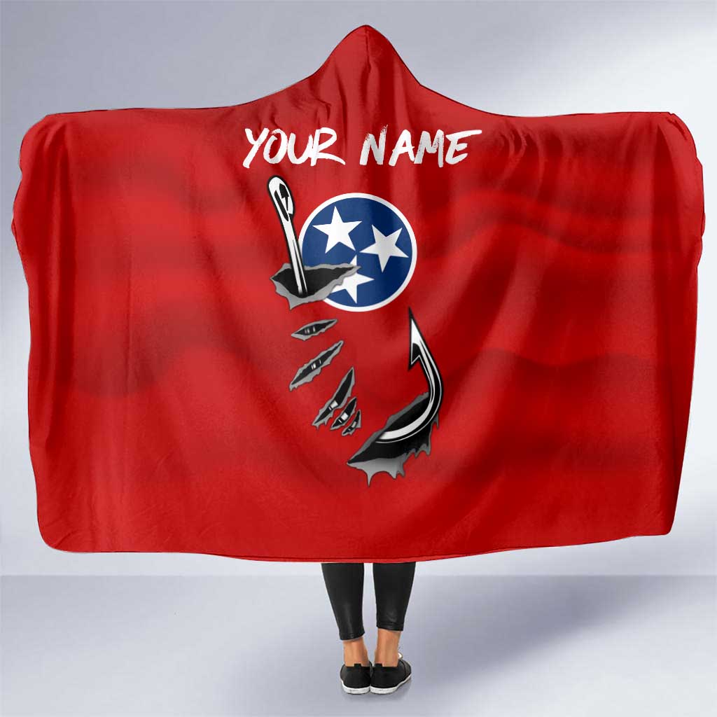 Tennessee Flag Fishing Hooded Blanket with Ripped Hook Graphic and Triple Star Symbol in Red and Blue - Wonder Print Shop