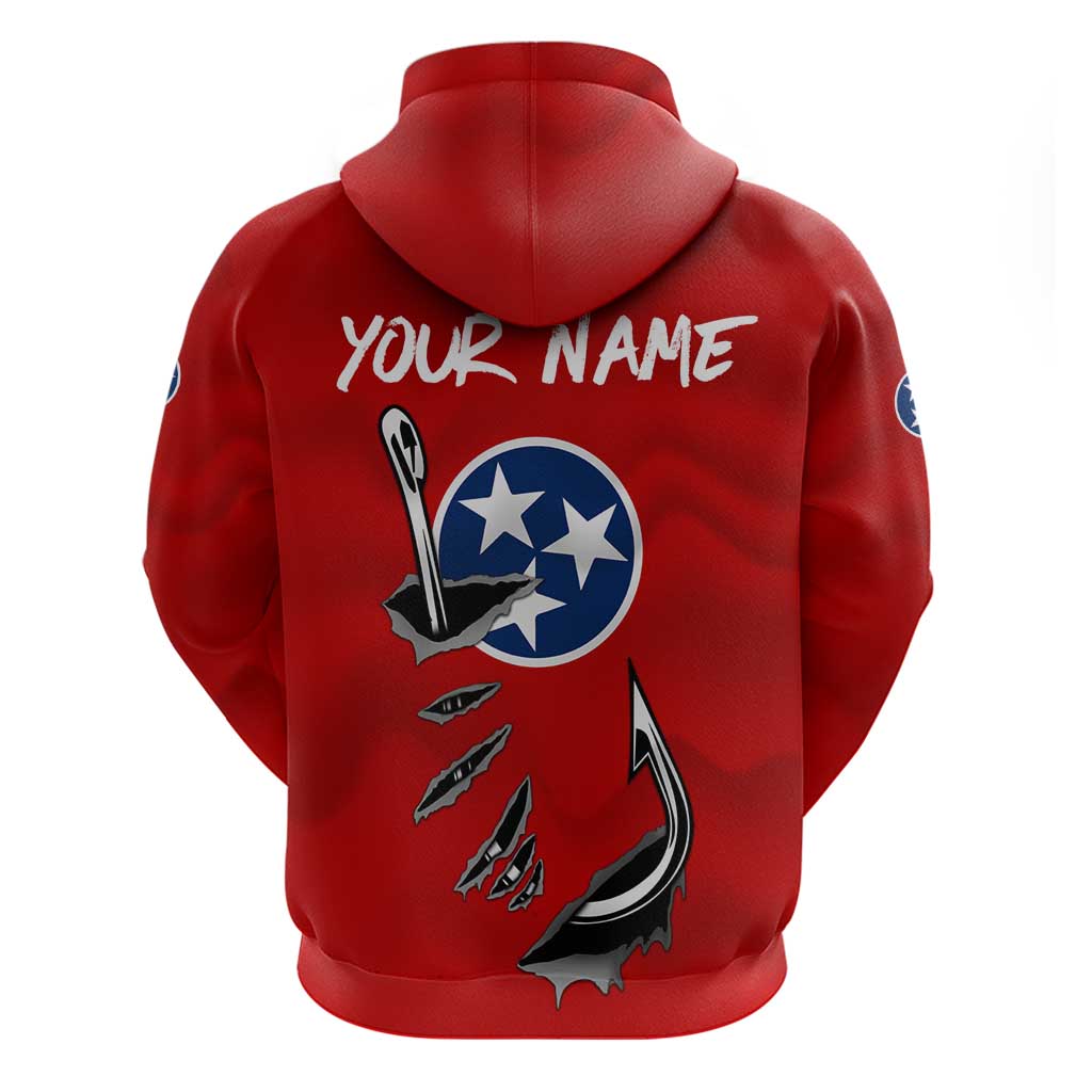 Tennessee Flag Fishing Hoodie with Ripped Hook Graphic and Triple Star Symbol in Red and Blue - Wonder Print Shop