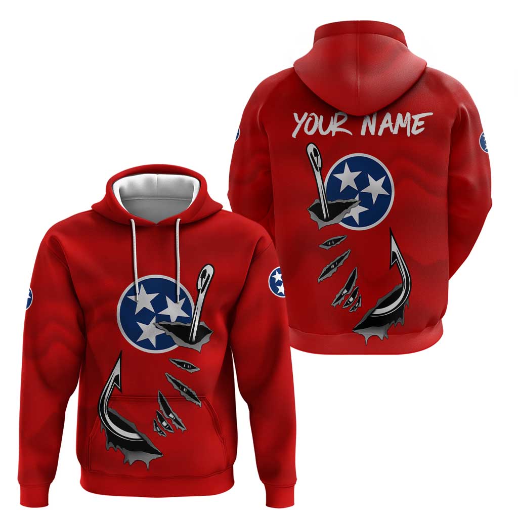 Tennessee Flag Fishing Hoodie with Ripped Hook Graphic and Triple Star Symbol in Red and Blue - Wonder Print Shop