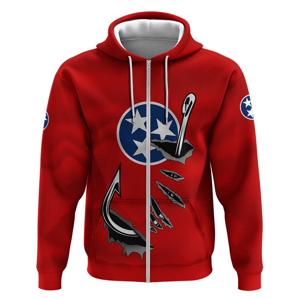Tennessee Flag Fishing Hoodie with Ripped Hook Graphic and Triple Star Symbol in Red and Blue - Wonder Print Shop