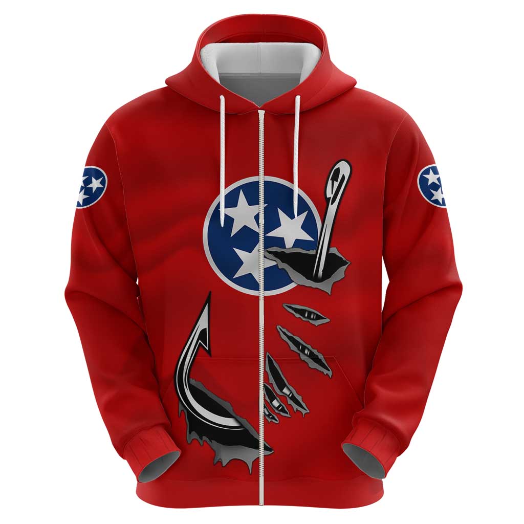 Tennessee Flag Fishing Hoodie with Ripped Hook Graphic and Triple Star Symbol in Red and Blue - Wonder Print Shop