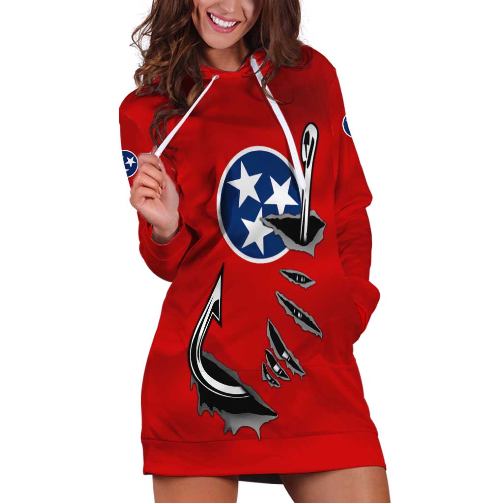 Tennessee Flag Fishing Hoodie Dress with Ripped Hook Graphic and Triple Star Symbol in Red and Blue - Wonder Print Shop