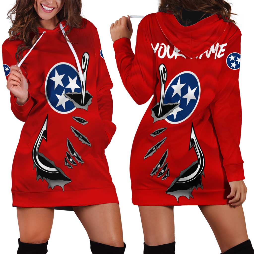 Tennessee Flag Fishing Hoodie Dress with Ripped Hook Graphic and Triple Star Symbol in Red and Blue - Wonder Print Shop