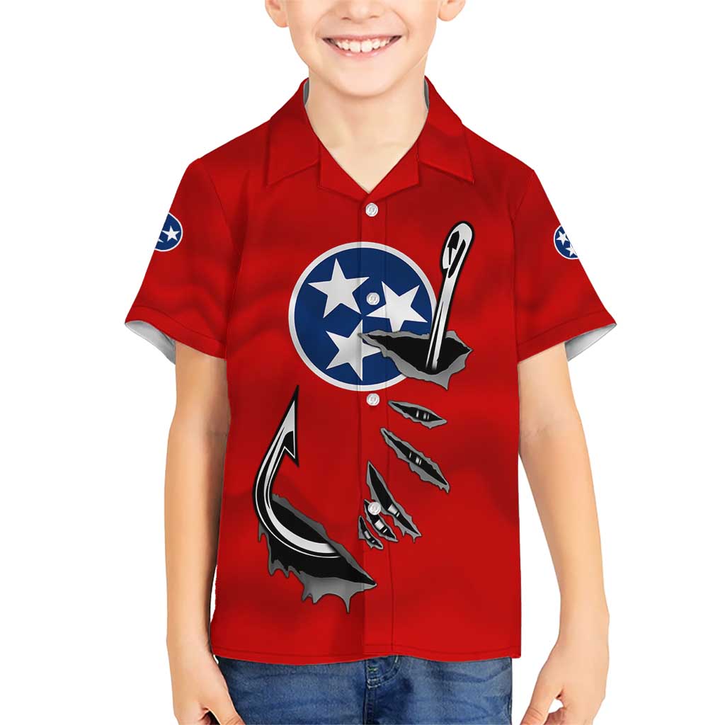 Tennessee Flag Fishing Kid Hawaiian Shirt with Ripped Hook Graphic and Triple Star Symbol in Red and Blue - Wonder Print Shop