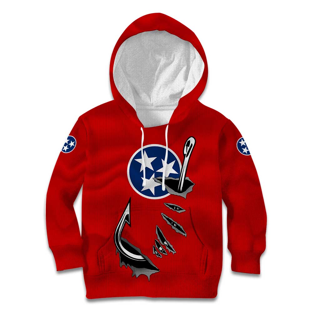 Tennessee Flag Fishing Kid Hoodie with Ripped Hook Graphic and Triple Star Symbol in Red and Blue - Wonder Print Shop