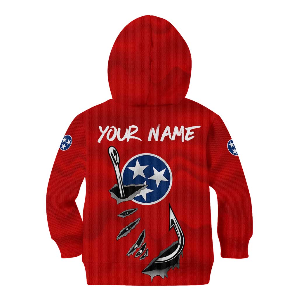 Tennessee Flag Fishing Kid Hoodie with Ripped Hook Graphic and Triple Star Symbol in Red and Blue - Wonder Print Shop