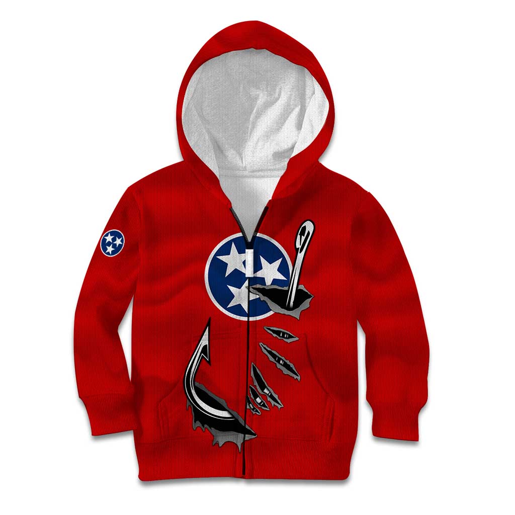 Tennessee Flag Fishing Kid Hoodie with Ripped Hook Graphic and Triple Star Symbol in Red and Blue - Wonder Print Shop