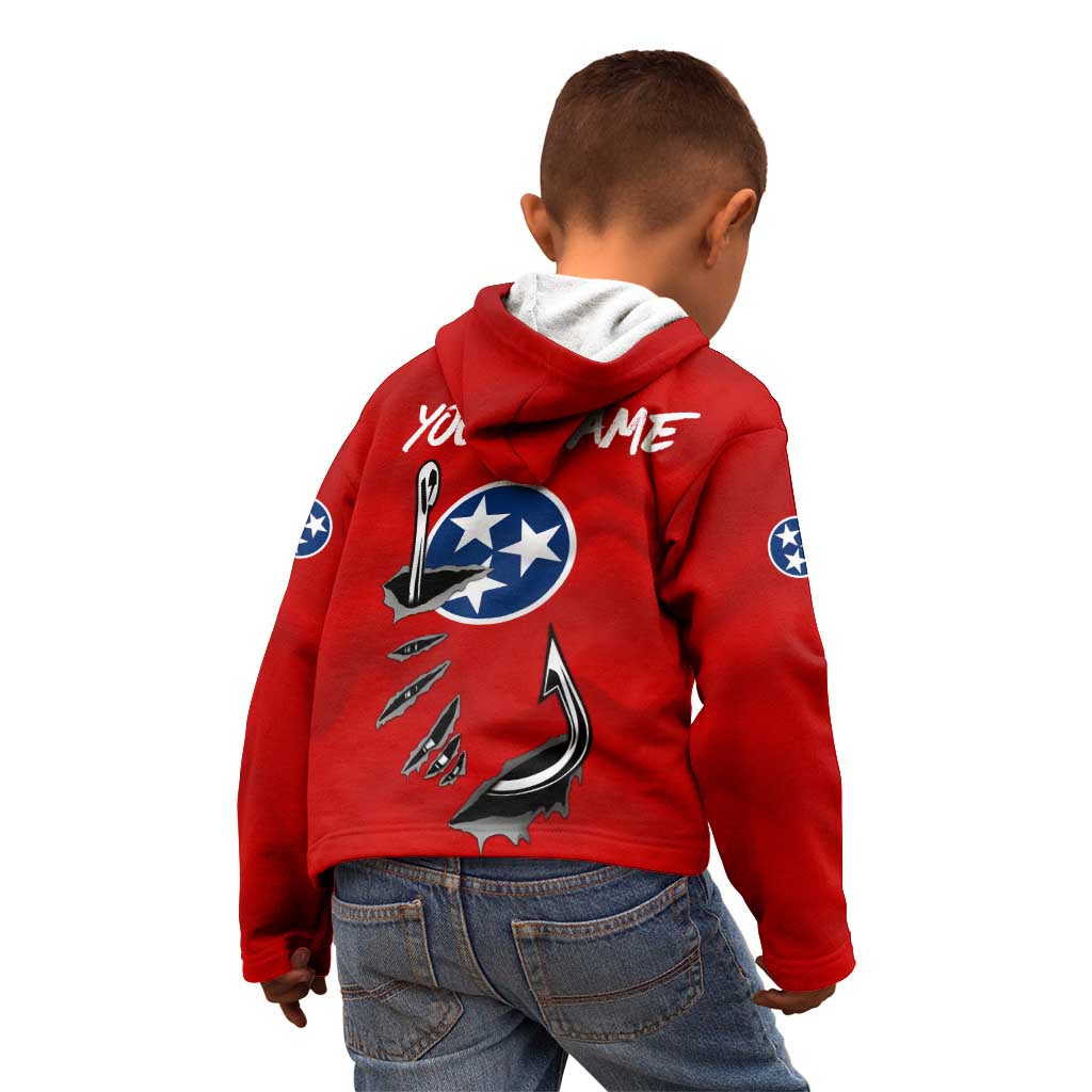 Tennessee Flag Fishing Kid Hoodie with Ripped Hook Graphic and Triple Star Symbol in Red and Blue - Wonder Print Shop