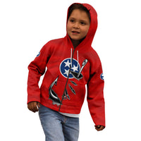 Tennessee Flag Fishing Kid Hoodie with Ripped Hook Graphic and Triple Star Symbol in Red and Blue - Wonder Print Shop