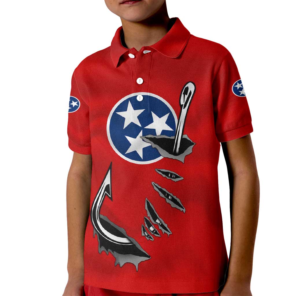 Tennessee Flag Fishing Kid Polo Shirt with Ripped Hook Graphic and Triple Star Symbol in Red and Blue - Wonder Print Shop