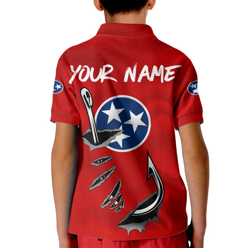 Tennessee Flag Fishing Kid Polo Shirt with Ripped Hook Graphic and Triple Star Symbol in Red and Blue - Wonder Print Shop