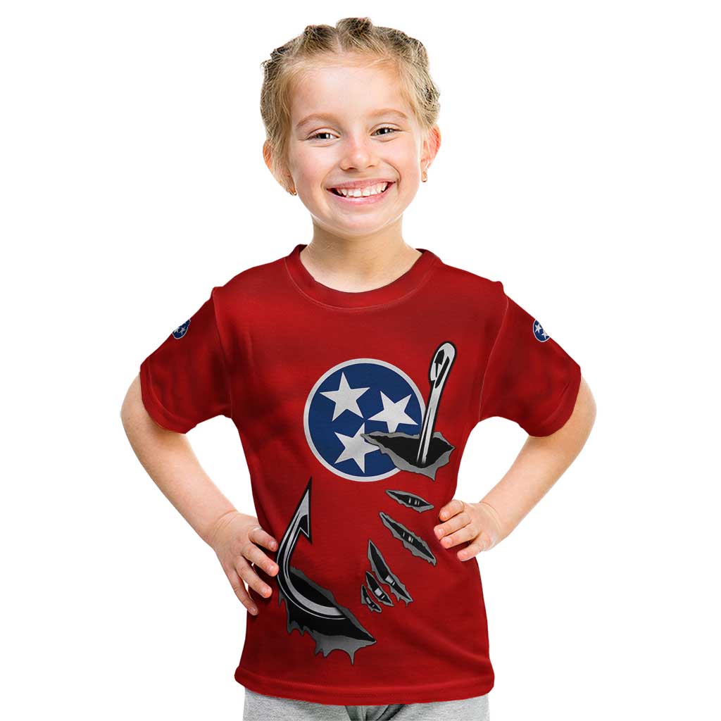 Tennessee Flag Fishing Kid T Shirt with Ripped Hook Graphic and Triple Star Symbol in Red and Blue - Wonder Print Shop