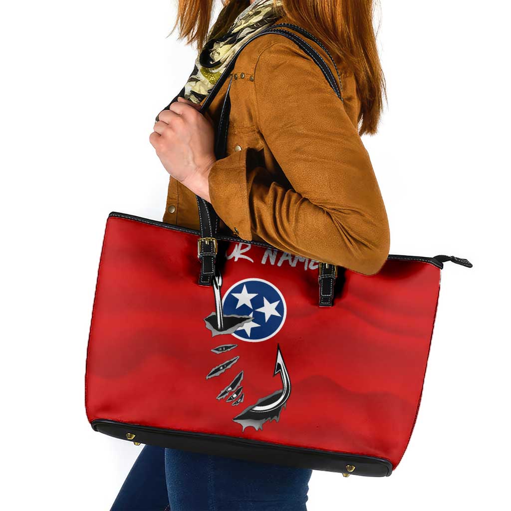 Tennessee Flag Fishing Leather Tote Bag with Ripped Hook Graphic and Triple Star Symbol in Red and Blue - Wonder Print Shop