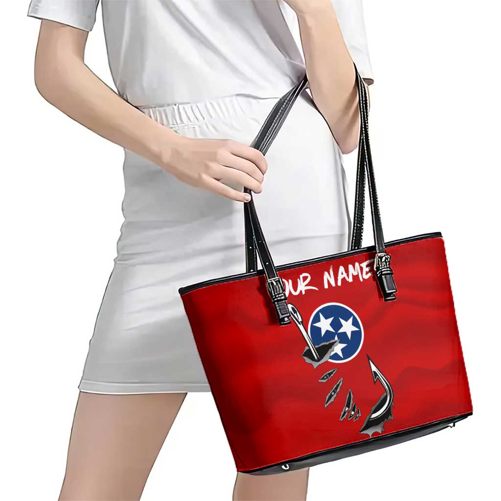 Tennessee Flag Fishing Leather Tote Bag with Ripped Hook Graphic and Triple Star Symbol in Red and Blue - Wonder Print Shop