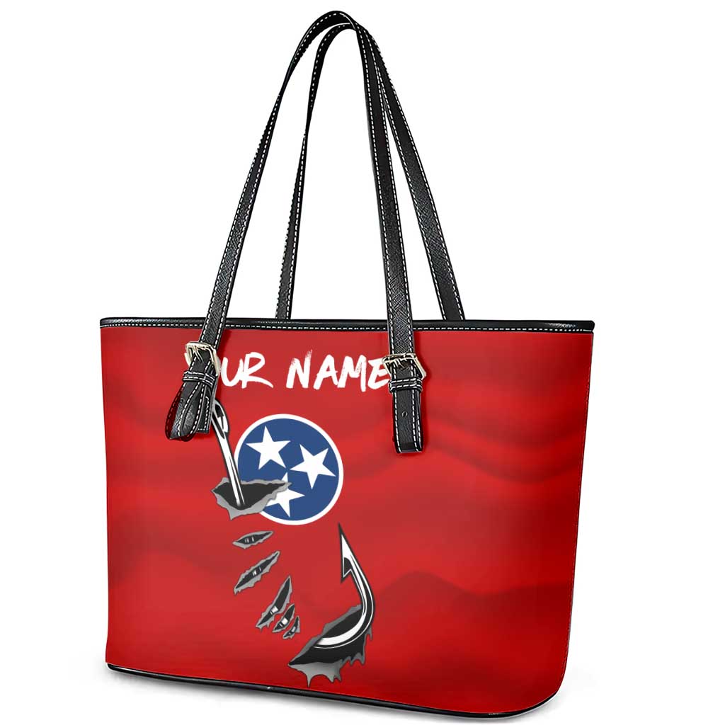 Tennessee Flag Fishing Leather Tote Bag with Ripped Hook Graphic and Triple Star Symbol in Red and Blue - Wonder Print Shop
