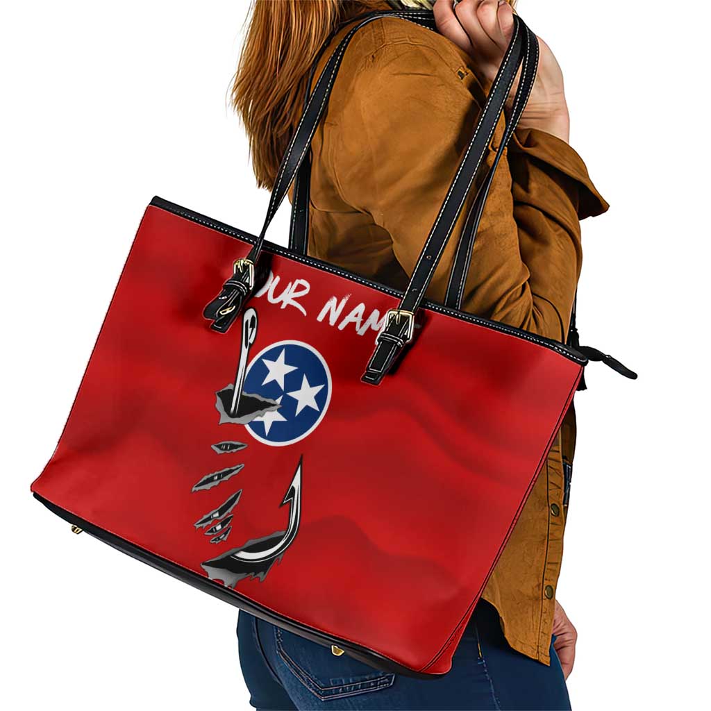 Tennessee Flag Fishing Leather Tote Bag with Ripped Hook Graphic and Triple Star Symbol in Red and Blue - Wonder Print Shop