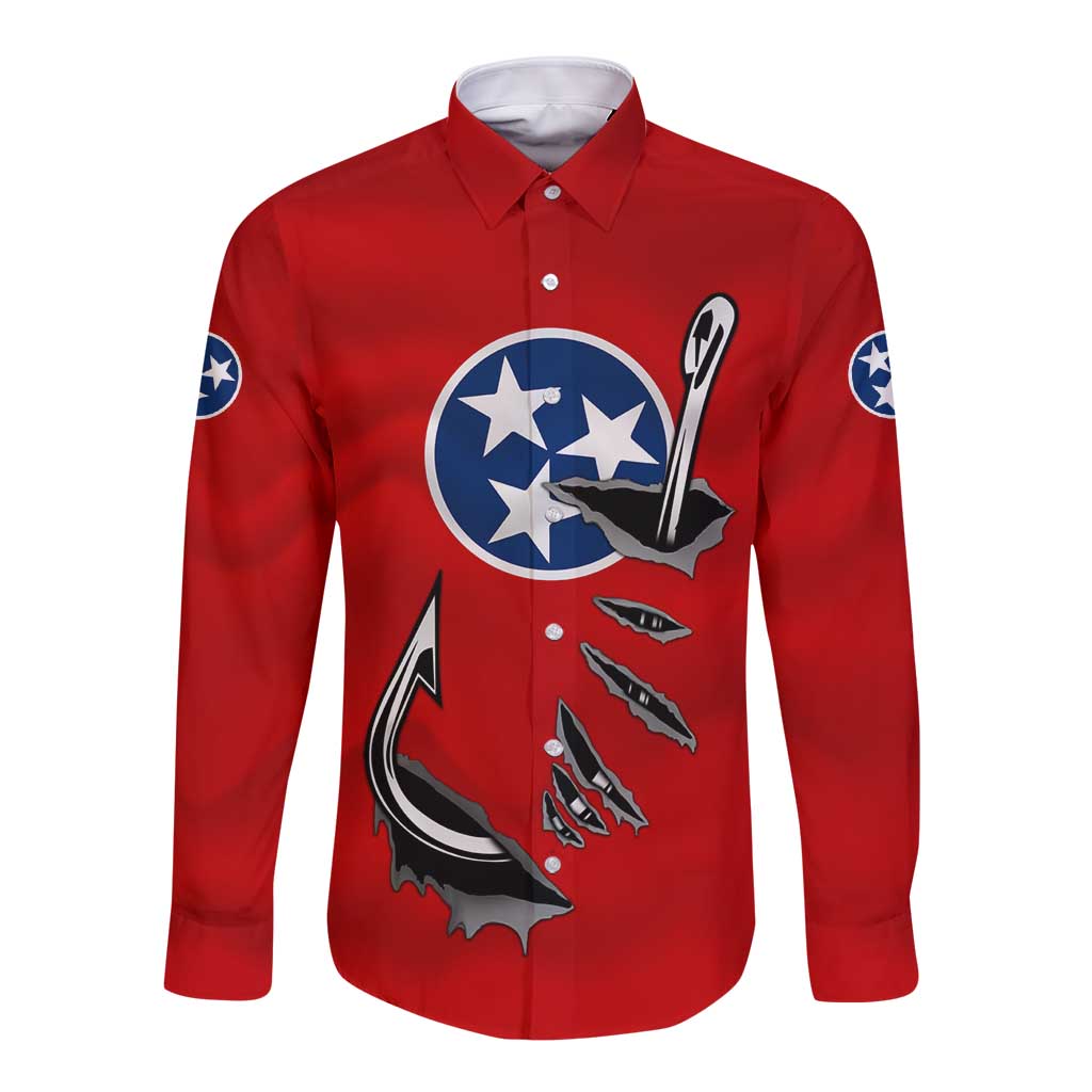Tennessee Flag Fishing Long Sleeve Button Shirt with Ripped Hook Graphic and Triple Star Symbol in Red and Blue - Wonder Print Shop
