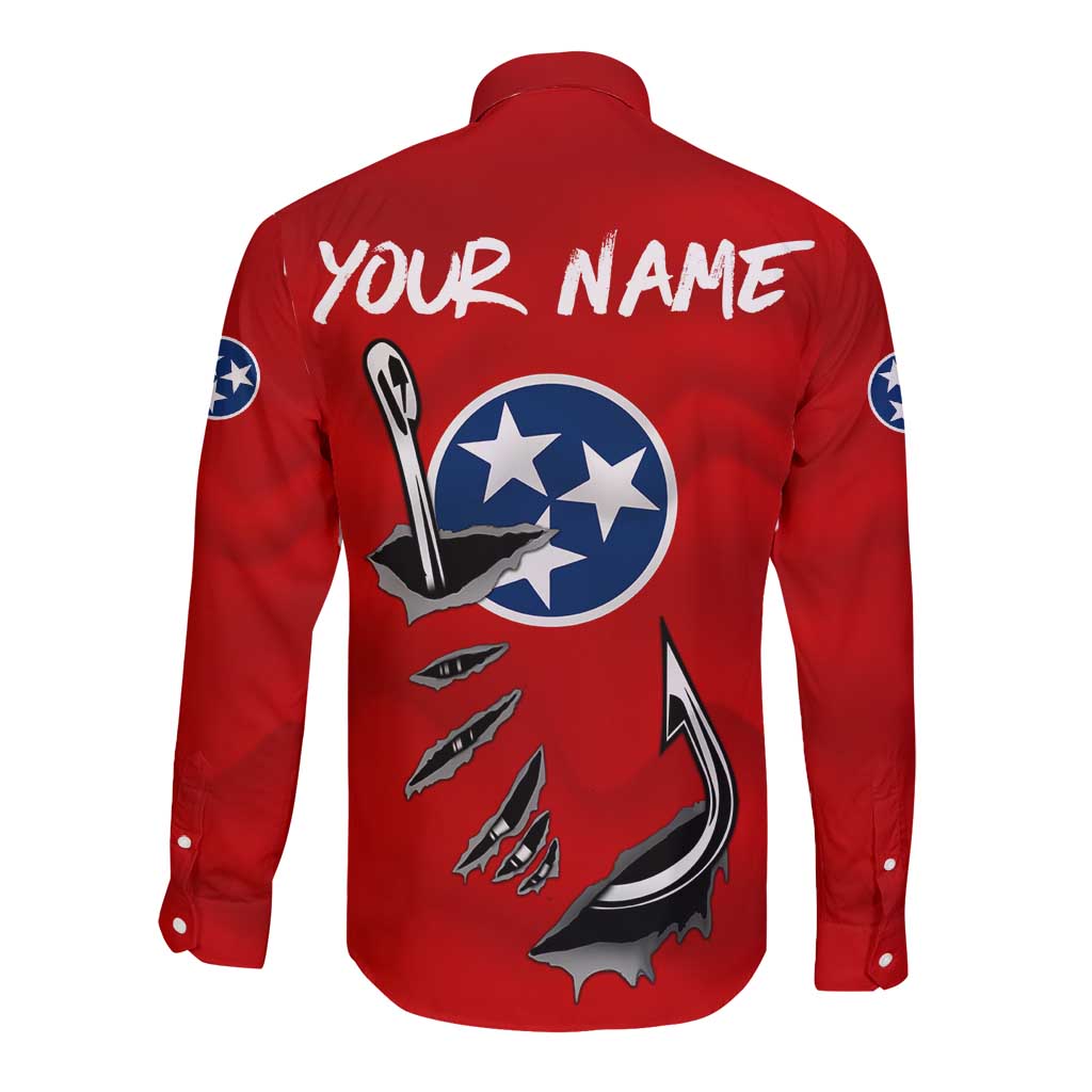 Tennessee Flag Fishing Long Sleeve Button Shirt with Ripped Hook Graphic and Triple Star Symbol in Red and Blue - Wonder Print Shop