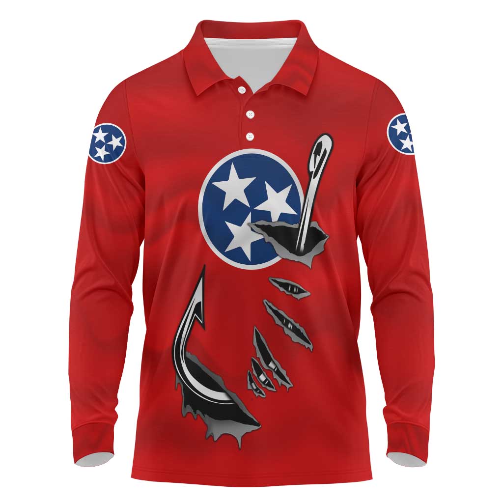 Tennessee Flag Fishing Long Sleeve Polo Shirt with Ripped Hook Graphic and Triple Star Symbol in Red and Blue - Wonder Print Shop