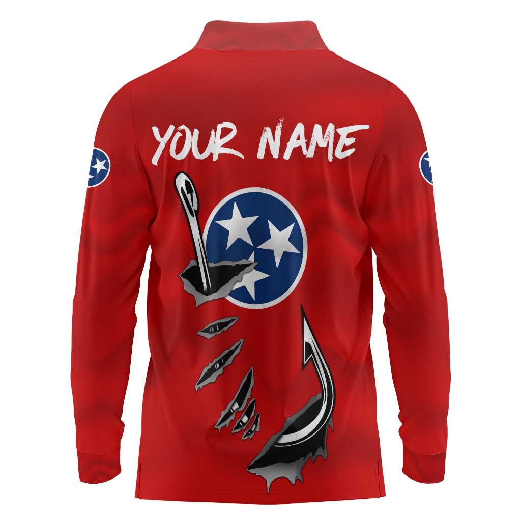 Tennessee Flag Fishing Long Sleeve Polo Shirt with Ripped Hook Graphic and Triple Star Symbol in Red and Blue - Wonder Print Shop