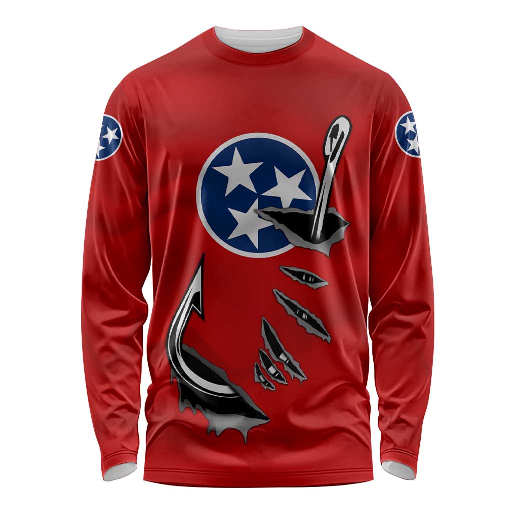 Tennessee Flag Fishing Long Sleeve Shirt with Ripped Hook Graphic and Triple Star Symbol in Red and Blue - Wonder Print Shop