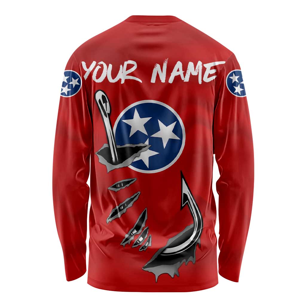 Tennessee Flag Fishing Long Sleeve Shirt with Ripped Hook Graphic and Triple Star Symbol in Red and Blue - Wonder Print Shop