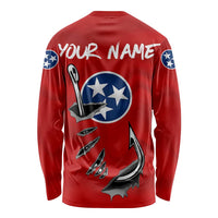 Tennessee Flag Fishing Long Sleeve Shirt with Ripped Hook Graphic and Triple Star Symbol in Red and Blue - Wonder Print Shop