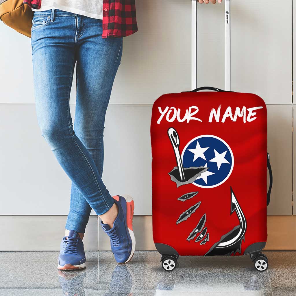 Tennessee Flag Fishing Luggage Cover with Ripped Hook Graphic and Triple Star Symbol in Red and Blue - Wonder Print Shop