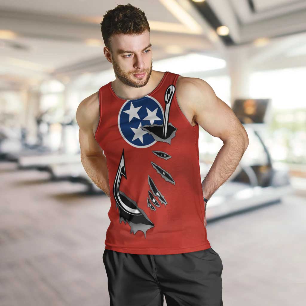 Tennessee Flag Fishing Men Tank Top with Ripped Hook Graphic and Triple Star Symbol in Red and Blue - Wonder Print Shop