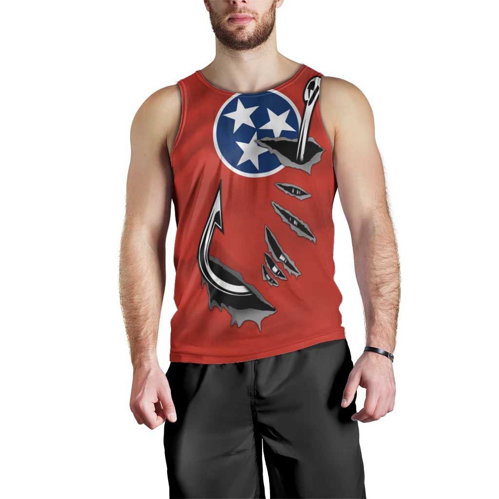 Tennessee Flag Fishing Men Tank Top with Ripped Hook Graphic and Triple Star Symbol in Red and Blue - Wonder Print Shop