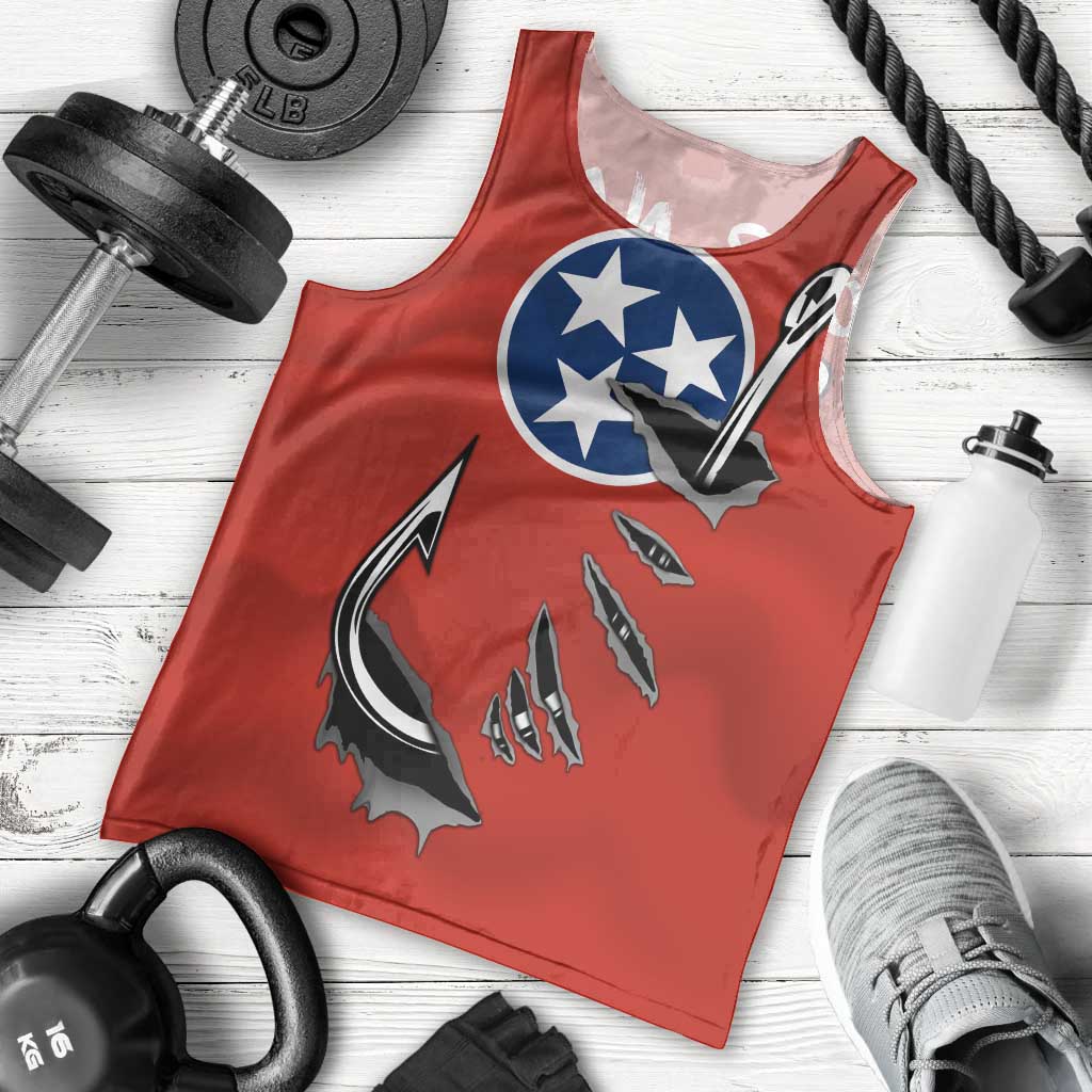 Tennessee Flag Fishing Men Tank Top with Ripped Hook Graphic and Triple Star Symbol in Red and Blue - Wonder Print Shop