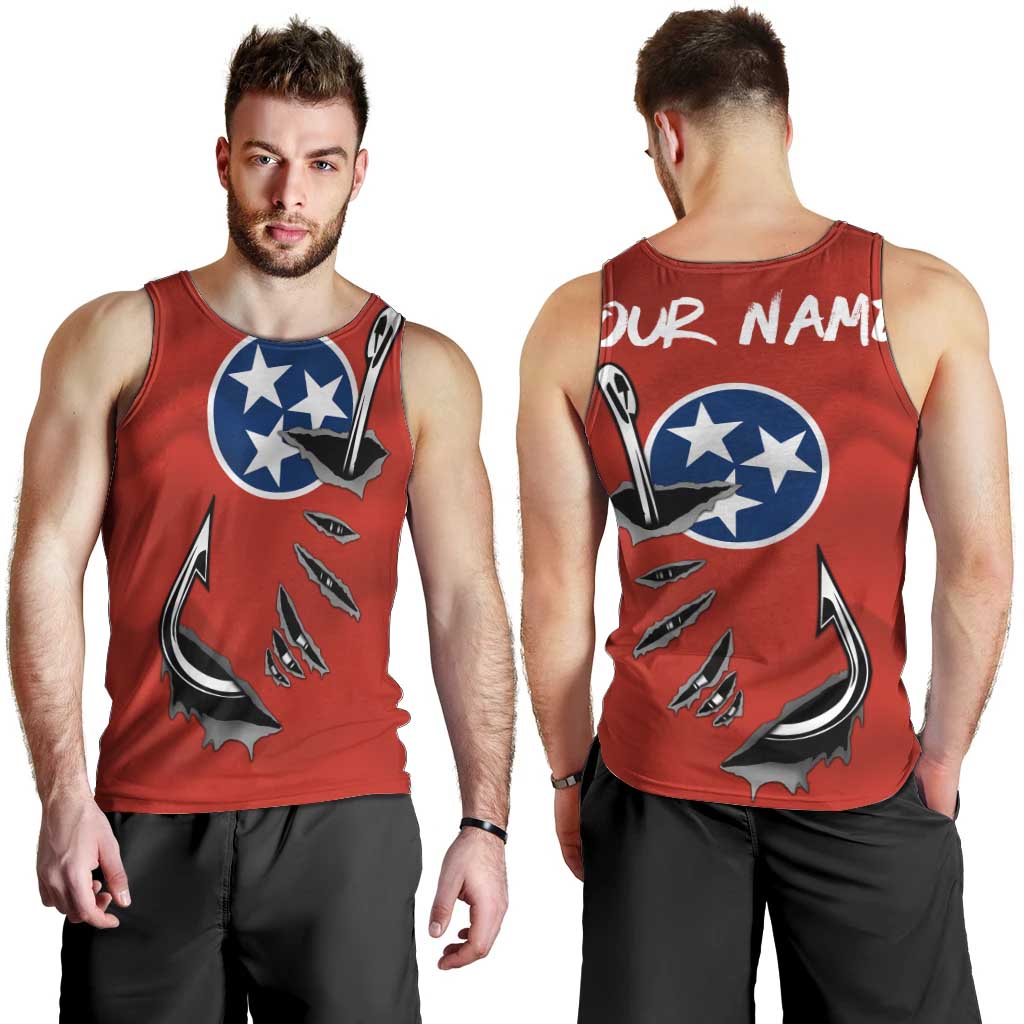 Tennessee Flag Fishing Men Tank Top with Ripped Hook Graphic and Triple Star Symbol in Red and Blue - Wonder Print Shop