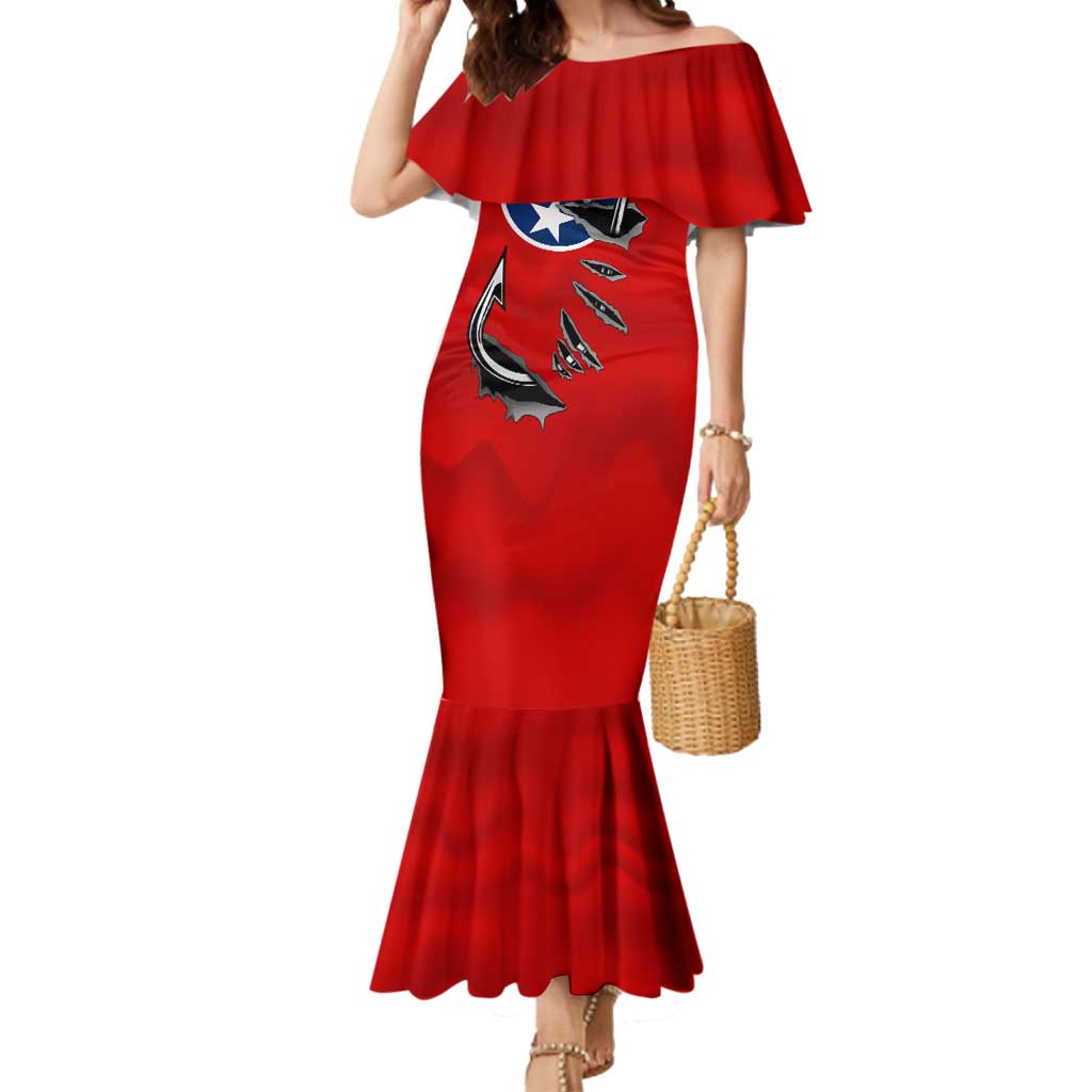 Tennessee Flag Fishing Mermaid Dress with Ripped Hook Graphic and Triple Star Symbol in Red and Blue - Wonder Print Shop
