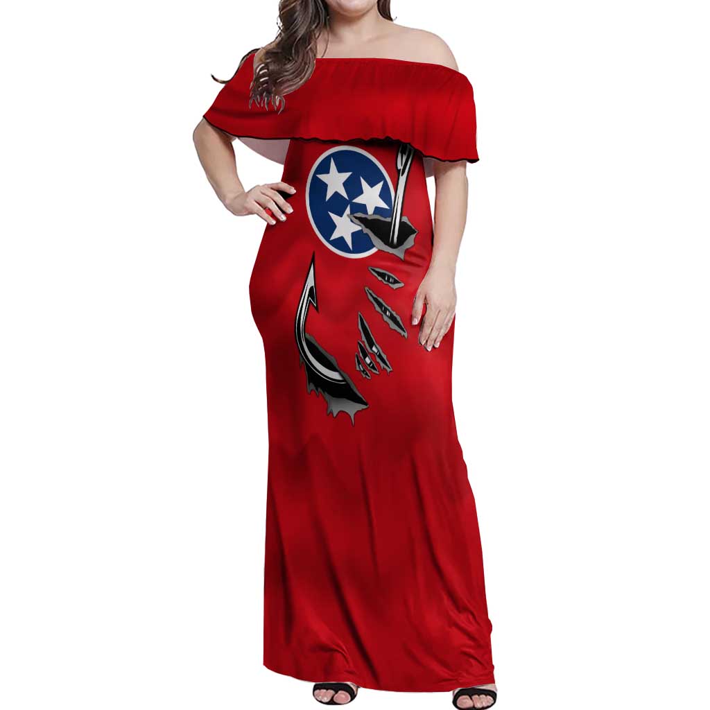 Tennessee Flag Fishing Off Shoulder Maxi Dress with Ripped Hook Graphic and Triple Star Symbol in Red and Blue - Wonder Print Shop