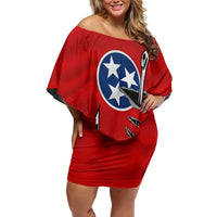 Tennessee Flag Fishing Off Shoulder Short Dress with Ripped Hook Graphic and Triple Star Symbol in Red and Blue - Wonder Print Shop
