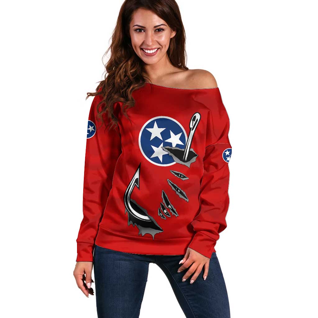 Tennessee Flag Fishing Off Shoulder Sweater with Ripped Hook Graphic and Triple Star Symbol in Red and Blue - Wonder Print Shop