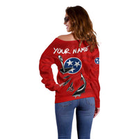 Tennessee Flag Fishing Off Shoulder Sweater with Ripped Hook Graphic and Triple Star Symbol in Red and Blue - Wonder Print Shop