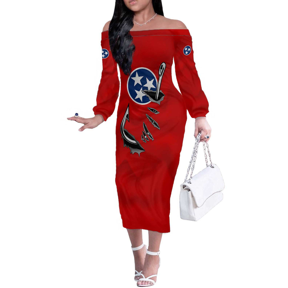 Tennessee Flag Fishing Off The Shoulder Long Sleeve Dress with Ripped Hook Graphic and Triple Star Symbol in Red and Blue - Wonder Print Shop