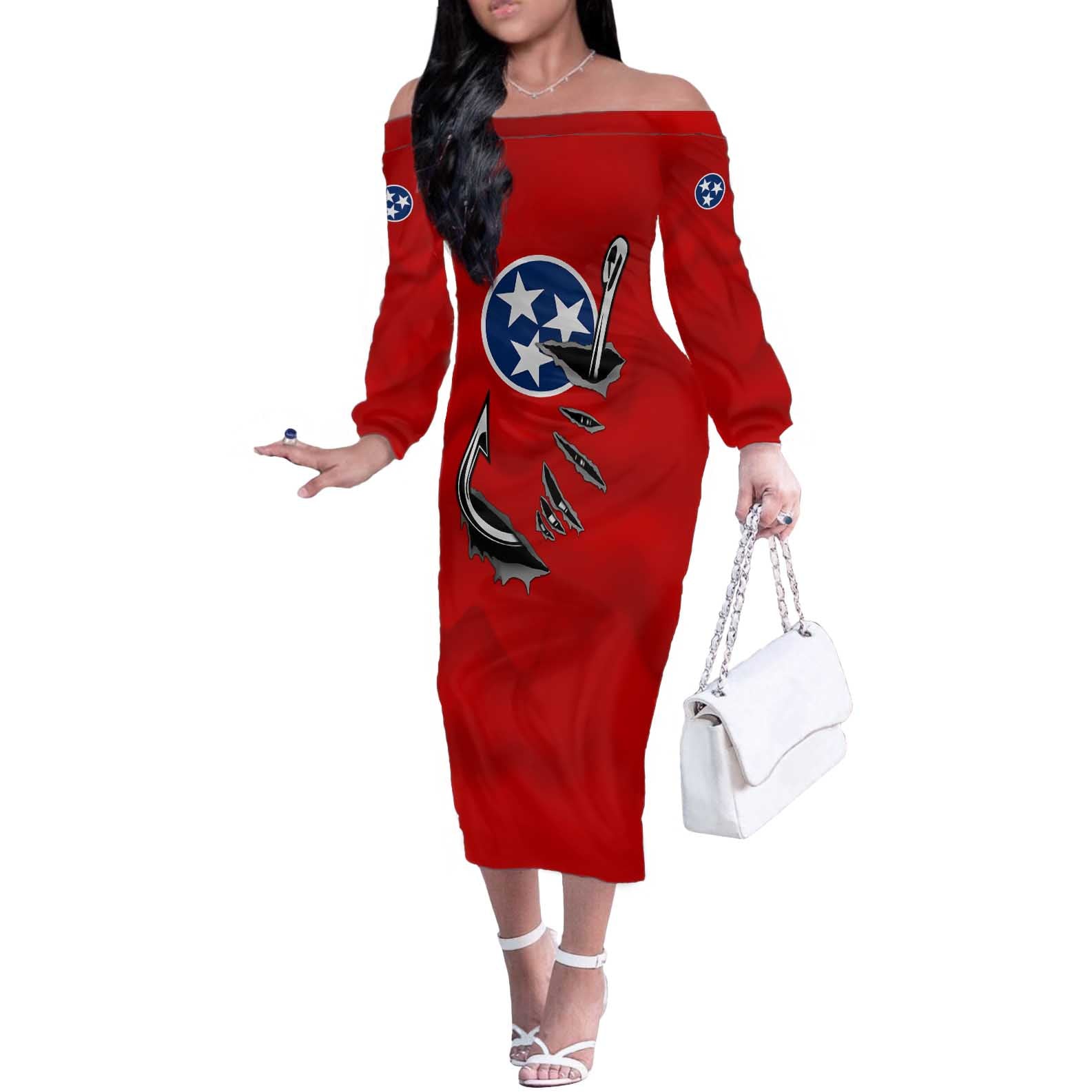 Tennessee Flag Fishing Off The Shoulder Long Sleeve Dress with Ripped Hook Graphic and Triple Star Symbol in Red and Blue - Wonder Print Shop