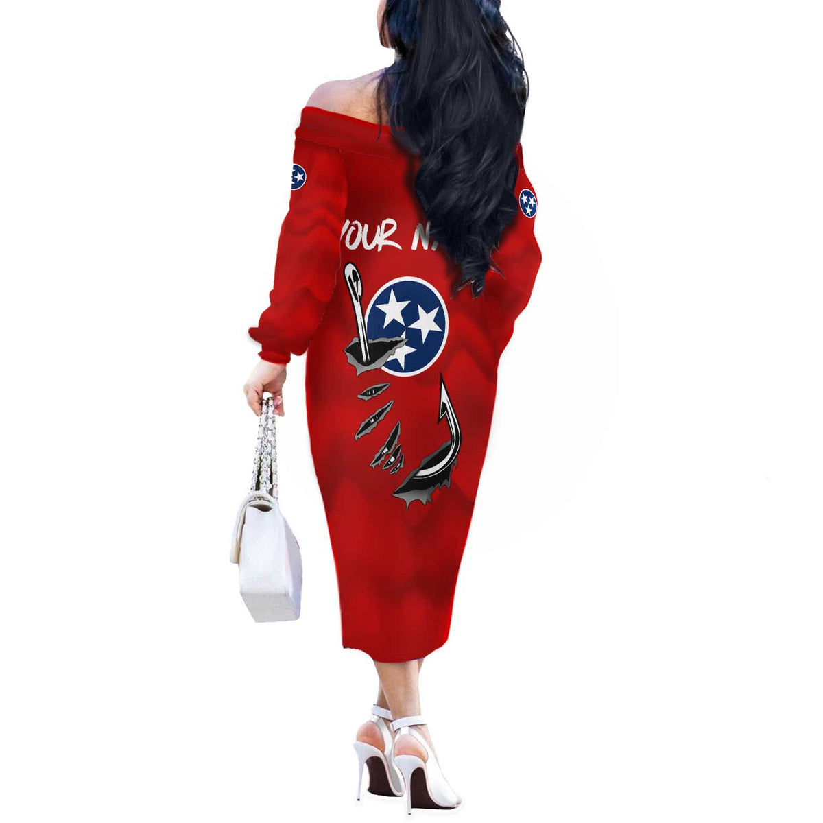 Tennessee Flag Fishing Off The Shoulder Long Sleeve Dress with Ripped Hook Graphic and Triple Star Symbol in Red and Blue - Wonder Print Shop