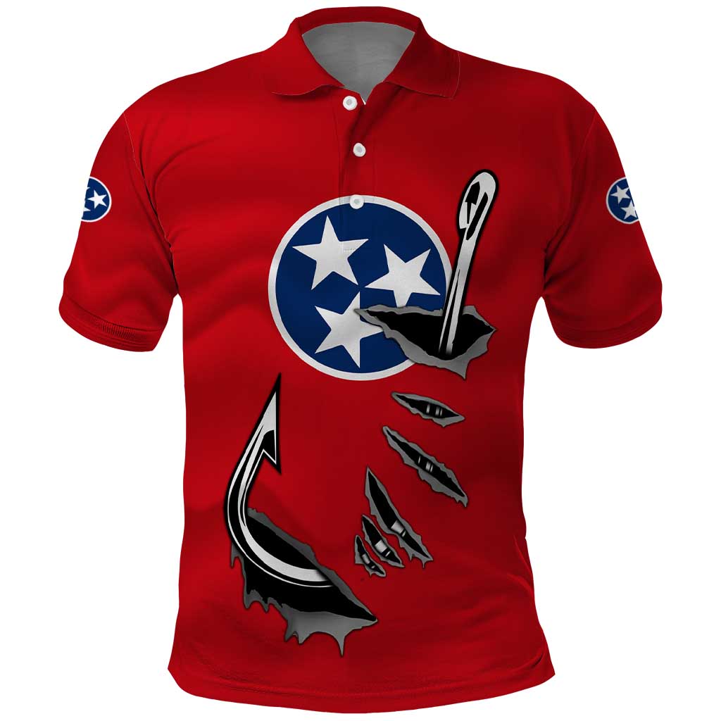 Tennessee Flag Fishing Polo Shirt with Ripped Hook Graphic and Triple Star Symbol in Red and Blue - Wonder Print Shop