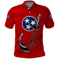 Tennessee Flag Fishing Polo Shirt with Ripped Hook Graphic and Triple Star Symbol in Red and Blue - Wonder Print Shop